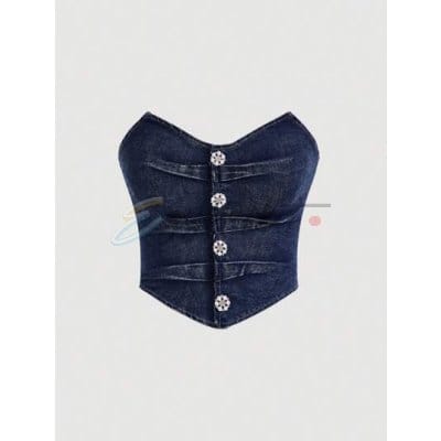 SHEIN MOD Raw Hem Button Front Tube Denim Top
