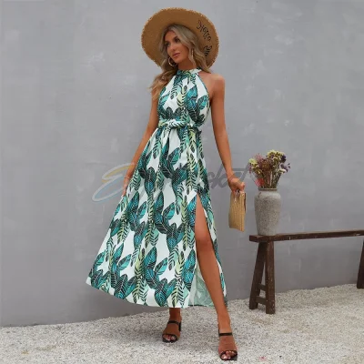 Tropical Print Halter Neck Split Thigh Belted Dress
