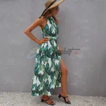 Tropical Print Halter Neck Split Thigh Belted Dress - Image 4