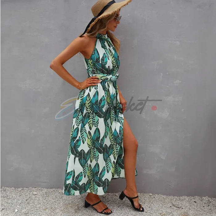 Tropical Print Halter Neck Split Thigh Belted Dress - Image 4