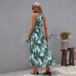 Tropical Print Halter Neck Split Thigh Belted Dress - Image 3