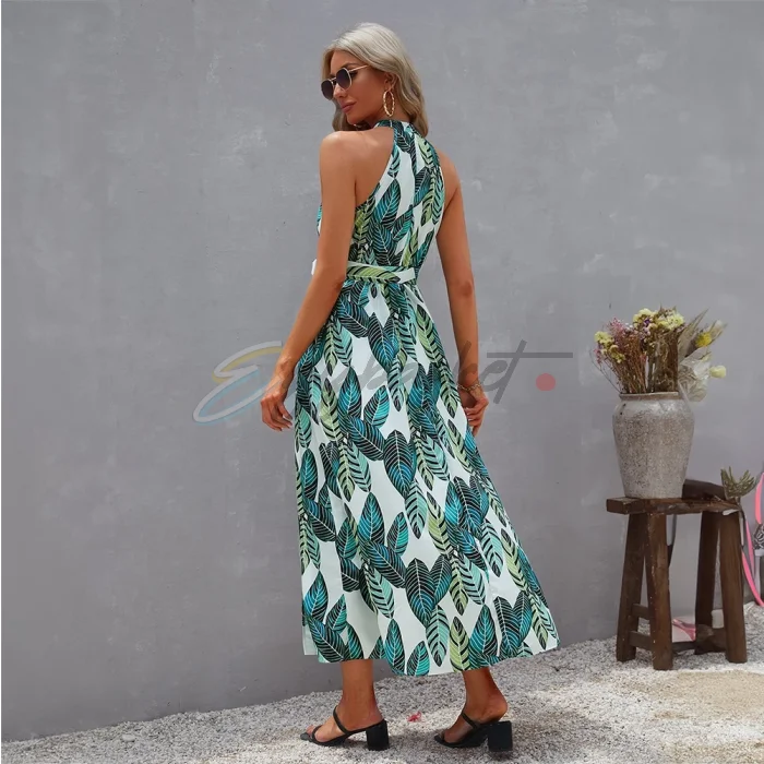 Tropical Print Halter Neck Split Thigh Belted Dress - Image 3