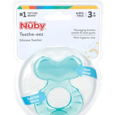Nuby Silicone Teethe-EEZ Teether with Bristles, Includes Hygienic Case, Aqua