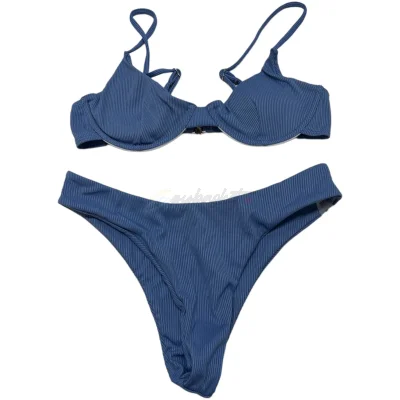 Shein Womens Small Slate Blue Textured Bikini Set High Waist Cheeky